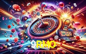 Escena dinámica inspirada en casino con iluminación 9RMO, cartas, fichas e íconos de juegos digitales en un espacio moderno de juegos.