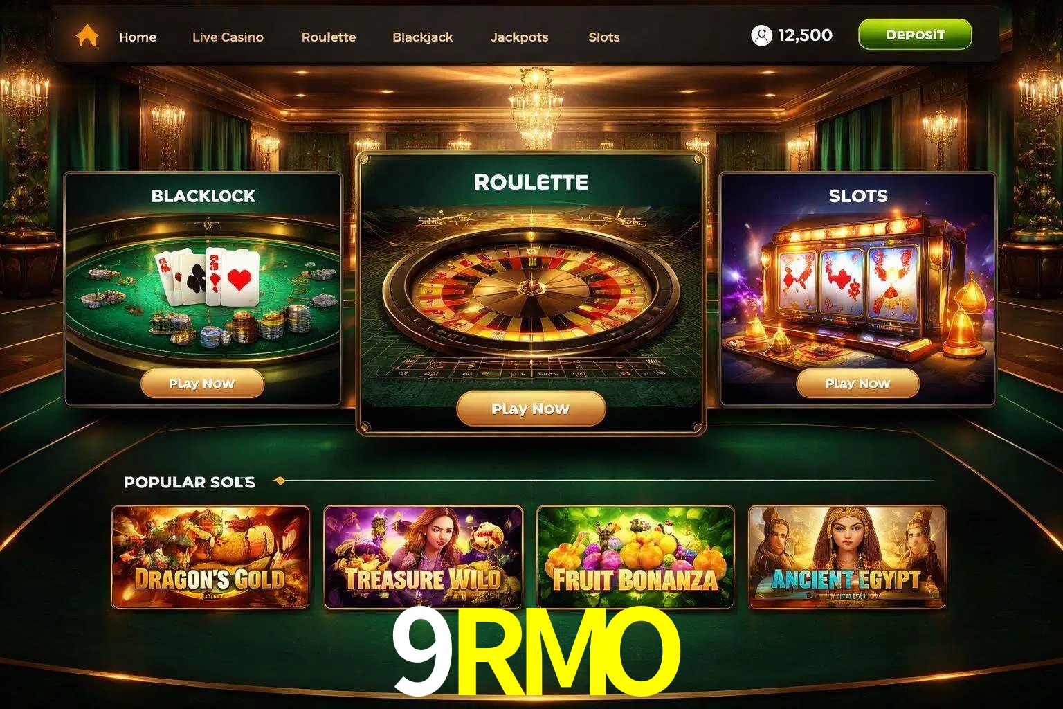 Vista de la plataforma 9RMO Casino mostrando categorías organizadas de juegos en línea