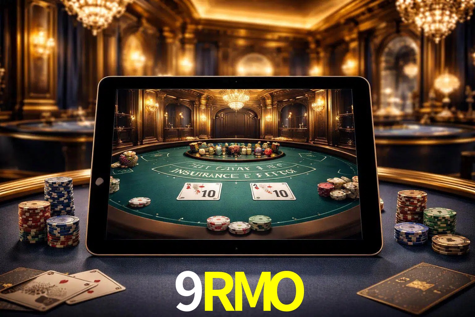 Configuración moderna de casino en vivo con una tableta mostrando una mesa de blackjack, luces cálidas de estudio y una atmósfera elegante de juegos digitales.